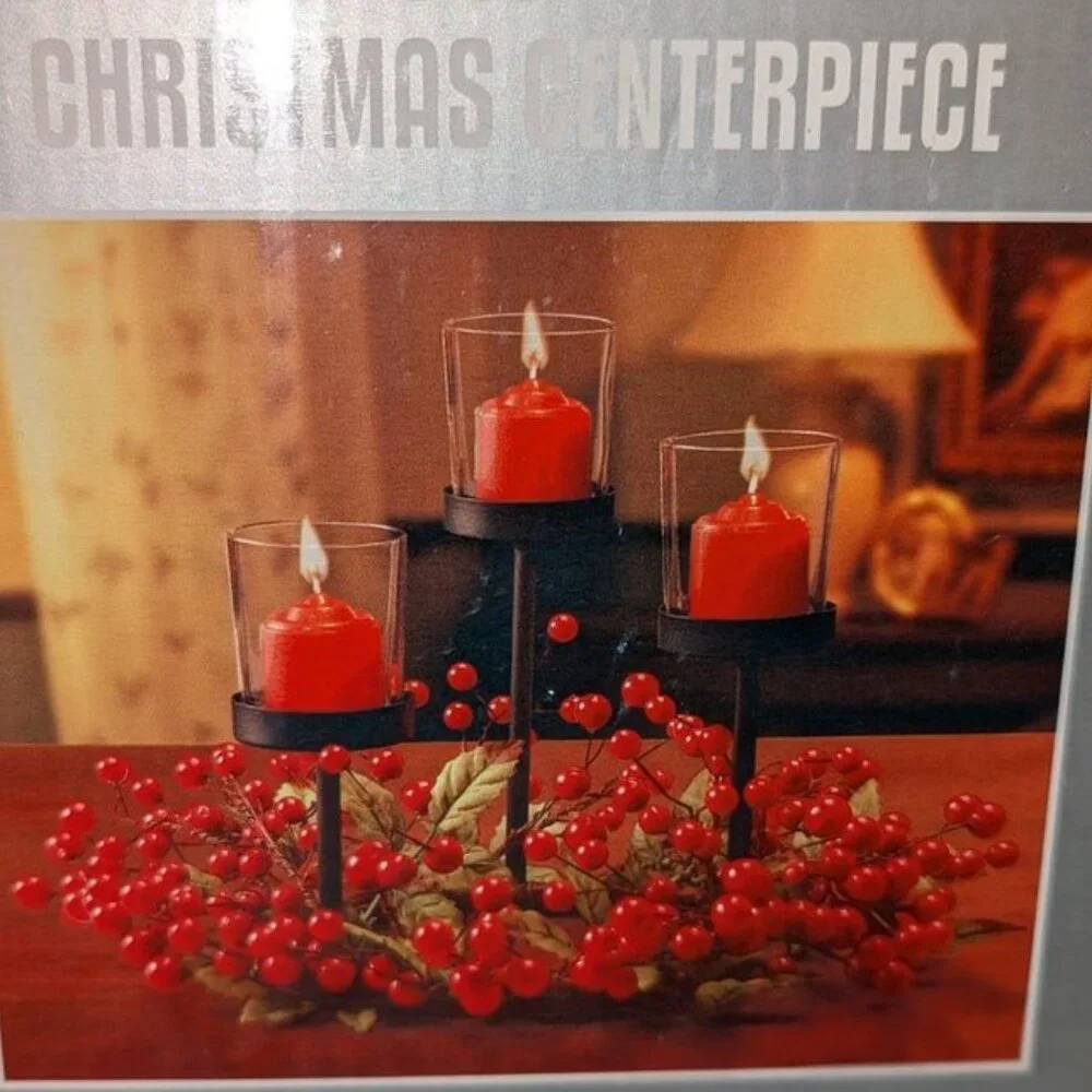 NEW Trim A Home Kmart Holly Berry 7 Piece Votive Candle Holder Table Centerpiece